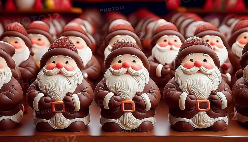 Cheerful looking chocolate Santas lined up on a shelf in a shop, AI-generated image, AI generated