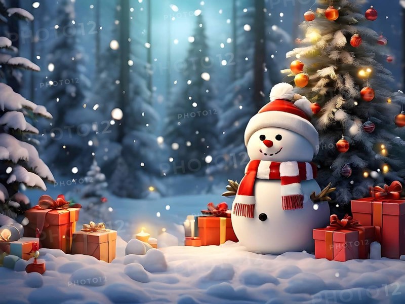 Peaceful and serene Christmas scene with a decorated Christmas tree with gifts presents and a cute snowman in a snowy forest, AI generated