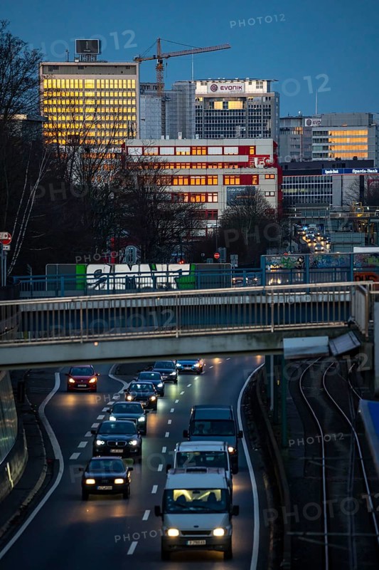 The skyline of Essen city centre, A40 motorway, Ruhr Expressway, North Rhine-Westphalia, Germany, Europe