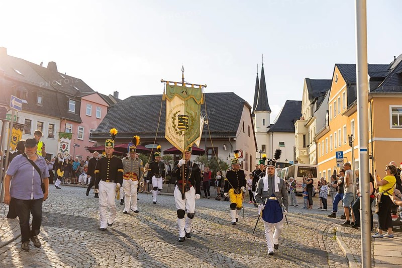 The so-called Bergstreittag is a beautiful centuries-old tradition and is celebrated on 22 July, the church memorial day and former feast day of Mary Magdalene in Schneeberg. The four quarterly sermons introduced in 1649 remained in place until 1845. These sermons were then abolished in favour of a single day, 22 July, which fell on Mary Magdalene. The Freiberg Mining Office recommended that this day should be celebrated with a festival and a mountain parade. In 1846, the Royal Ministry of Finance issued a decree to celebrate St Mary Magdalene's Day with a sermon and a magnificent mountain procession. The last major procession took place in July 1913. The First World War put an end to these processions. The tradition was not revived until July 1933, 528th Bergstreittag, mountain parade, Schneeberg, Saxony, Germany, Europe
