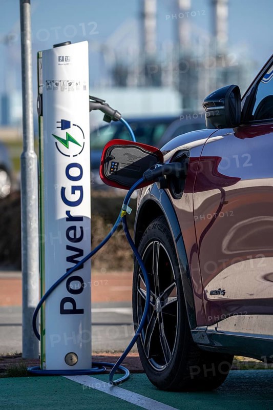 Electric car fast charging station, from the Dutch provider PowerGo, in the ferry harbour of Eemshaven, powered by renewable energy, Netherlands