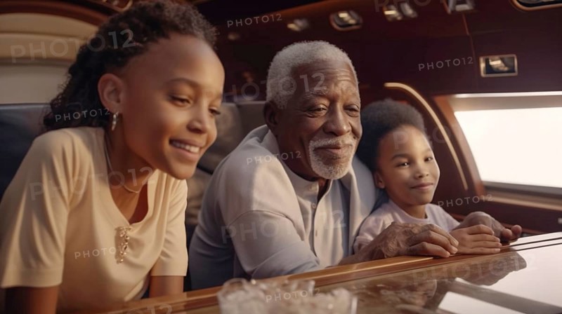Elderly successful african american grandparent and children in their private executive luxury jet, generatvie AI, AI generated