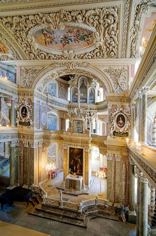 Chancel with the two-storey organ, baroque church, baroque castle church of St Trinitatis at Christiansburg Castle, interior view, Eisenberg, Saale-Holzland district, Thuringia, Germany, Europe
