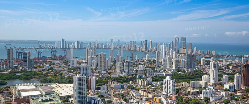 Scenic view of Cartagena cityscape, modern skyline, hotels and ocean bays Bocagrande and Bocachica from the lookout hill of Santa Cruz convent (Convento de la Popa)