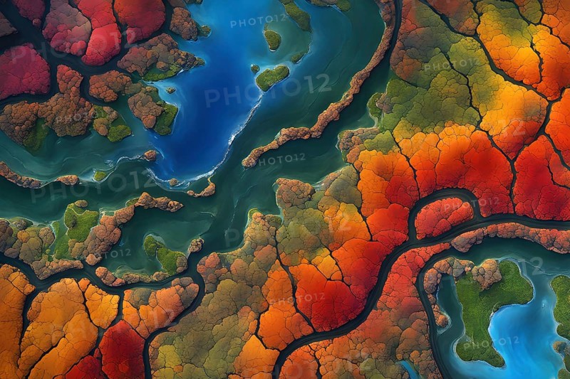 Aerial view perpendicular top down of an abstract colorful river along the coastline, AI generated