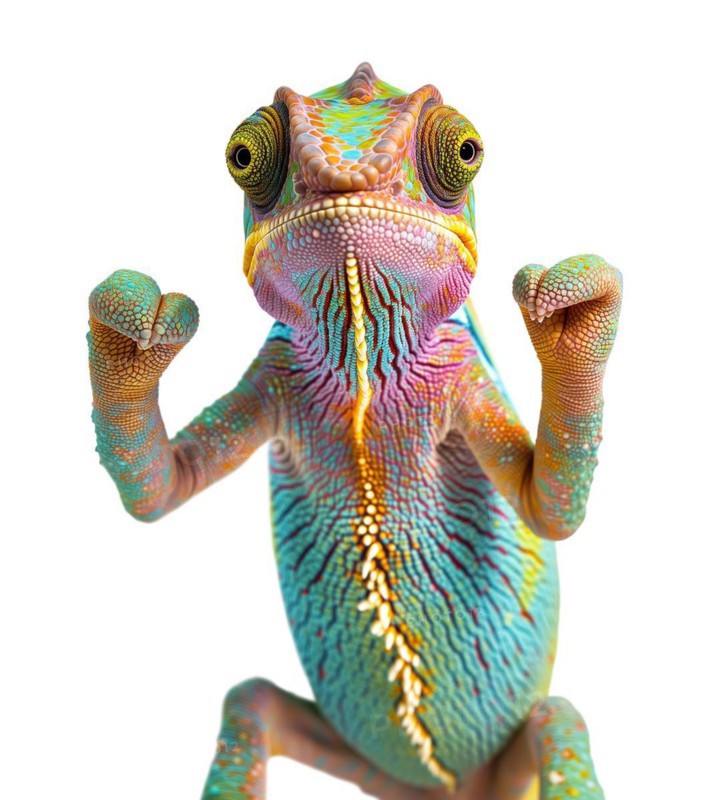 Beautiful chameleon standing ready to fight with his fists up isolated on a white background, AI generated