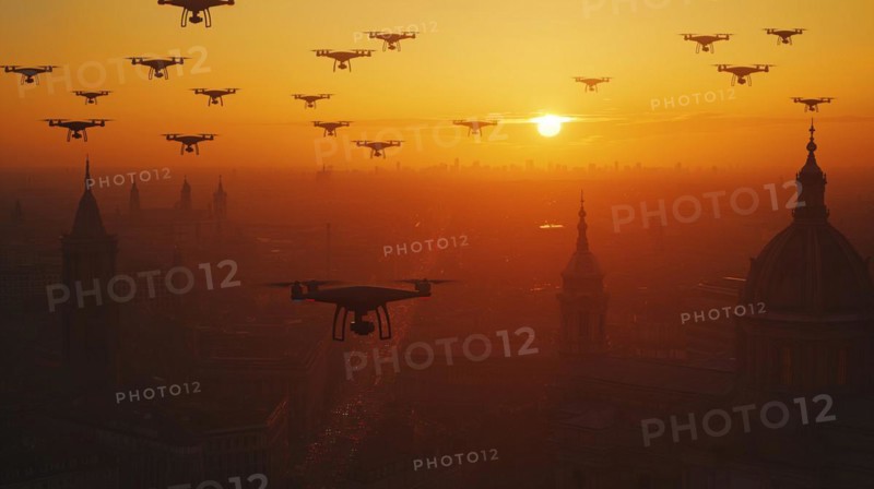 Swarm of UAV unmanned aircraft drones flying near the United States capitol at sunset, AI generated