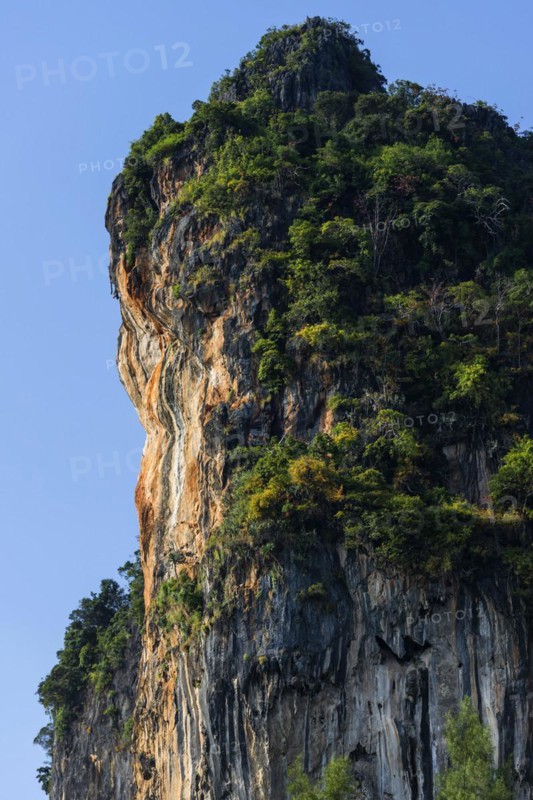 Landscape with chalk cliffs, sandstone, sandstone rocks, climbing, climbing rocks, nature, natural beauty, natural, limestone, natural landscape, tropics, tropical, island, travel, tourism, paradisiacal, sun, sunny, holiday, dream trip, holiday paradise, paradise, coastal landscape, rocks, rock face, lagoon, mountain, nature, idyllic, Siam, nobody, empty, exotic, travel photo, Krabi, Thailand, Asia