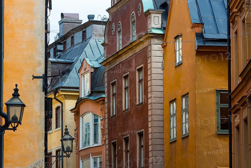Houses in an alley of Gamla Stan, old town, centre, attraction, famous, city centre, city trip, tourism, travel, holiday, architecture, historical, UNESCO, world heritage, evening, culture, history, city history, medieval, urban, Stockholm, Sweden, Scandinavia, Europe