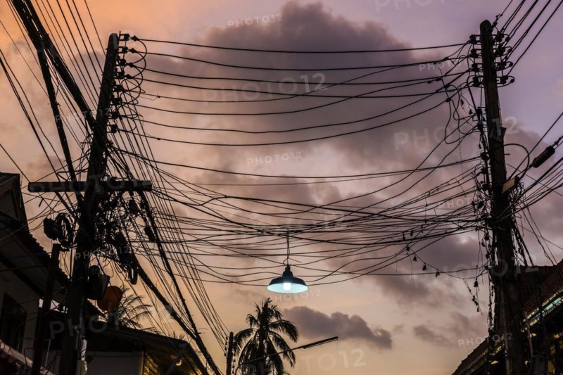Cable, wiring, electricity, power supply, order, chaos, chaotic, electricity, electric, confusion, confusion, danger, dangerous, infrastructure, connection, chaotic, structure, thunderstorm, sky, dramatic, thunderstorm atmosphere, weather, technology, progress, supply, high voltage, dilapidated, light, lamp, power cable, lighting, Thailand, Asia