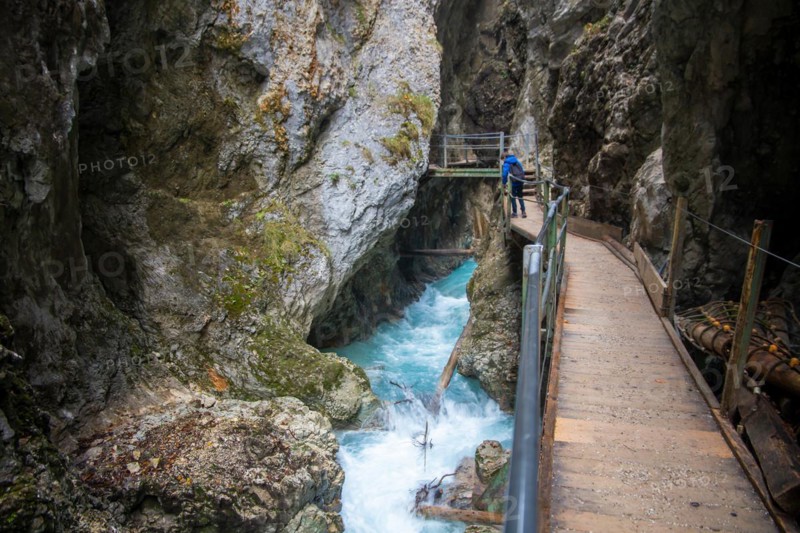 Waterfall trail at the Leutaschklamm gorge in the border forest between Tyrol and Bavaria