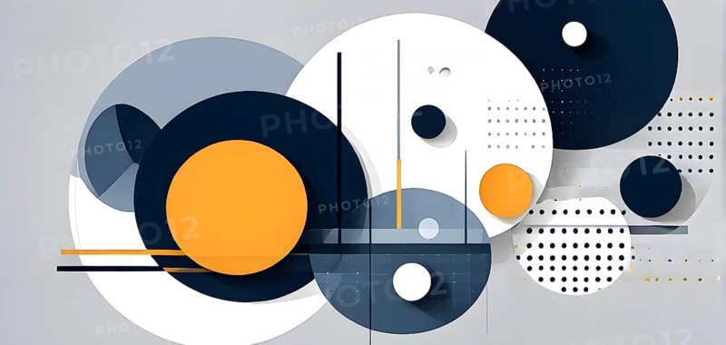 Minimalist composition of overlapping geometric shapes, such as circles, squares, and triangles, with clean lines and muted pastel colors, AI generated
