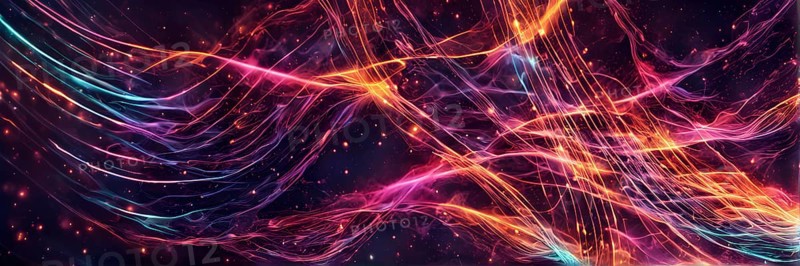 Abstract data stream flowing like liquid light, with sharp lines of code and binary numbers cascading in bright neon colors, AI generated