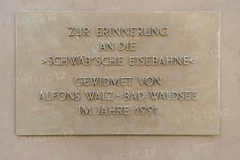 Durlesbach railway station, opened in 1849 and former station closed in 1984, railway memorial, railway monument, stone plaque in memory of the Swabian railway, dedicated by Alfons Walz in 1991, Königlich Württembergische Staats-Eisenbahnen, Durlesbach, Reute, Bad forest lake, Upper Swabia, Baden-Württemberg, Germany, Europe