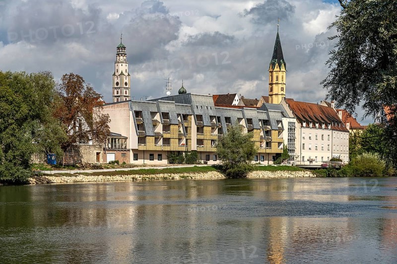 Danube bank, mould tower and St. Alban's Hospital Church in Lauingen Donau, Bavaria, Germany, Europe
