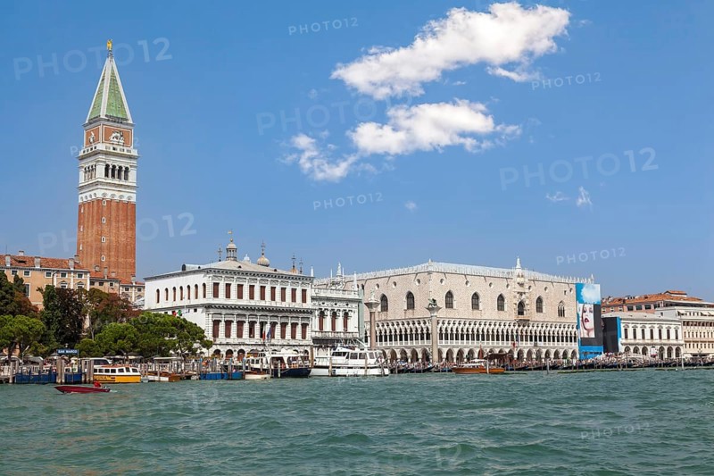 Venice's skyline with iconic bell tower and historic architecture on the canal, Venice, Italy, Europe
