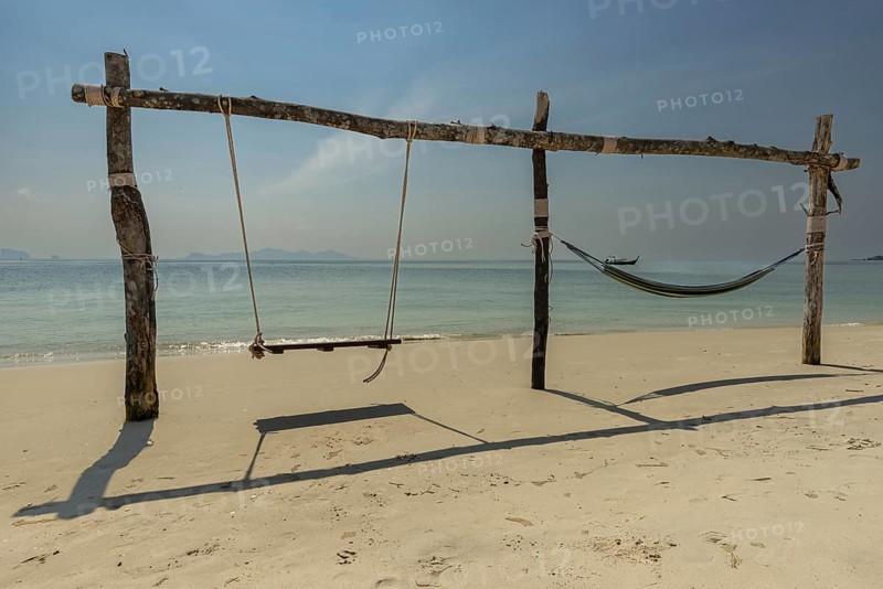 Swing and hammock on the beach of Koh Mook Island, Andaman Sea, Satun Province, Southern Thailand, Thailand, Asia