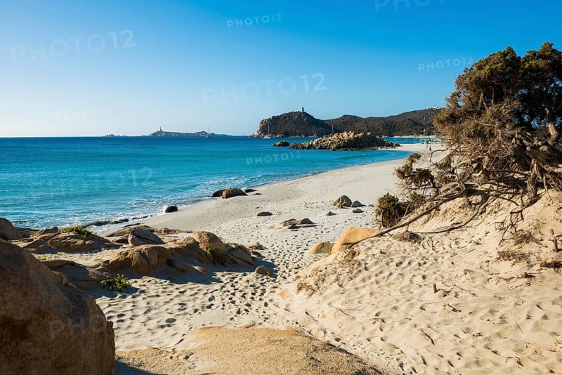 Lonely beach and rocks, Spiaggia di Porto Giunco, Villasimius, south coast, Sardinia, Italy, Europe