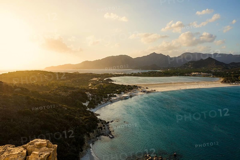 Panorama, sunset, Torre di Porto Giunco, Spiaggia di Porto Giunco, Capo Carbonara, Villasimius, south coast, Sardinia, Italy, Europe