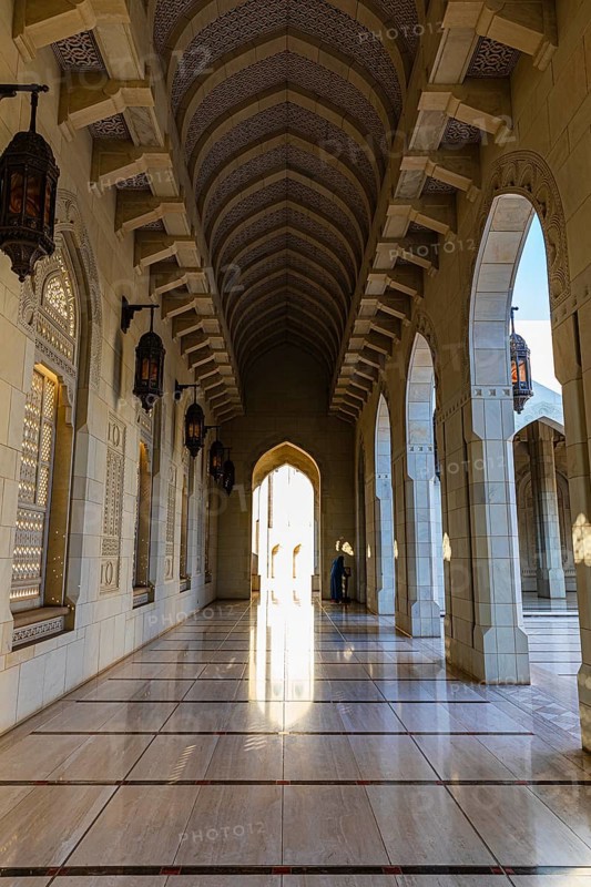 Arcades in the Sultan Qaboos Mosque, Muscat, Arabian Peninsula, Sultanate of Oman