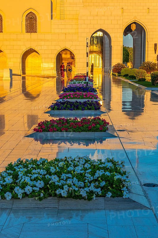 Marble-framed flowerbeds in front of the Royal Opera House in the evening light, Muscat, Arabian Peninsula, Sultanate of Oman