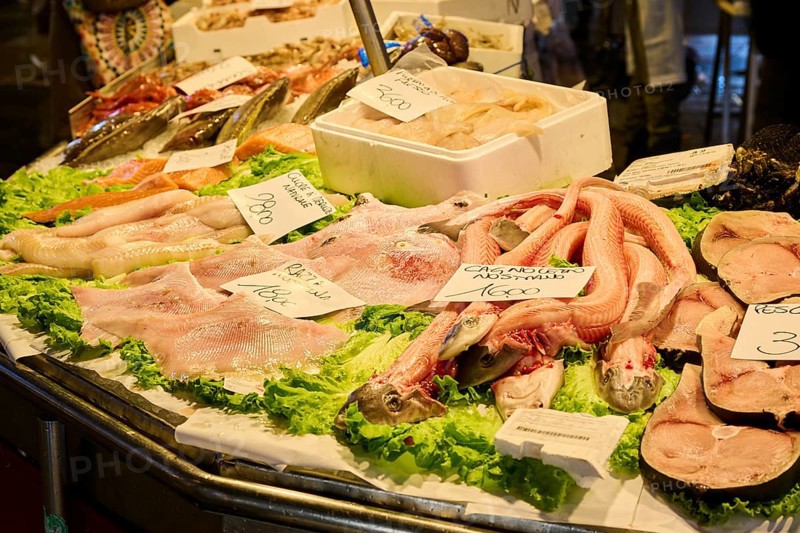 Fresh cought fish for selling on a daily market at 'Mercato di Rialto' town square in Venice, Italy, Europe