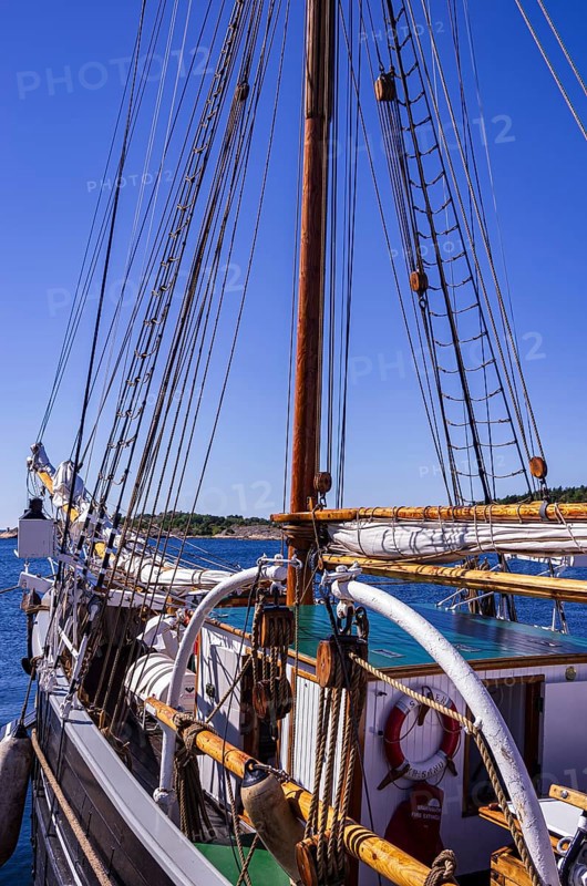 The three-masted schooner SS SVANEN is moored at the quay in the harbour of Strömstad in Bohuslän, Västra Götalands län, Sweden, Europe