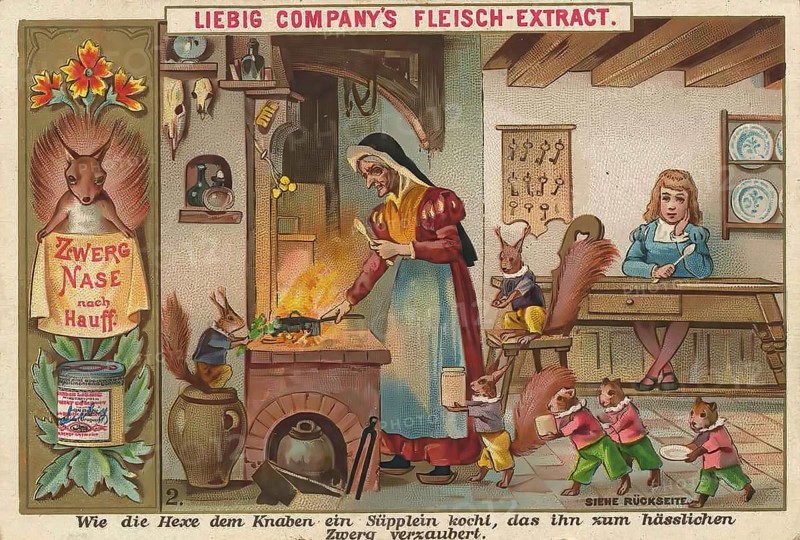 Picture series Dwarf Nose, 2, How the witch cooks the boy a little soup that turns him into an ugly dwarf, Liebig picture, digitally restored reproduction of a collector's picture from around 1900, public domain, exact date unknown, A witch cooks in a kitchen with animals and children, fairytale atmosphere