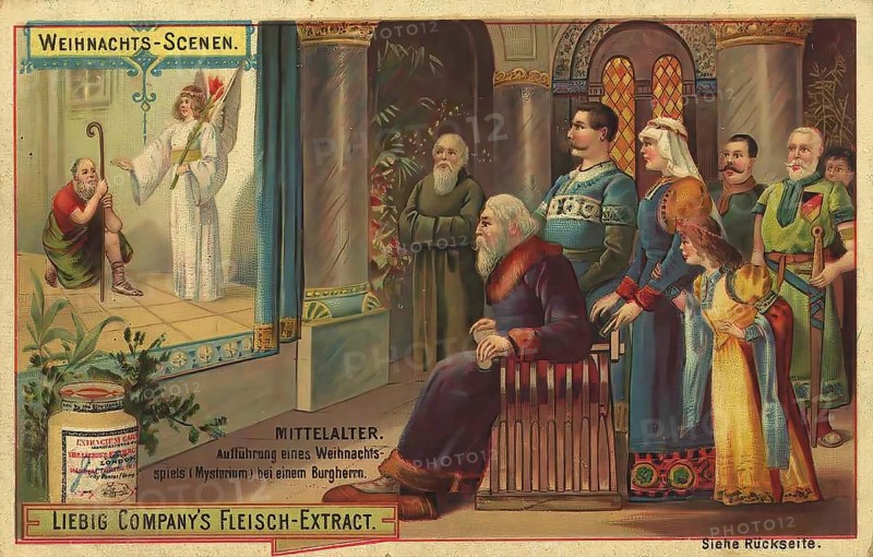 Picture series Christmas scenes, medieval performance of a Christmas play, mystery, at a castle lord, Liebig picture, digitally restored reproduction of a collector's picture from about 1900, public domain, exact date unknown, Christmas performance in a medieval castle courtyard, several people watch fascinated