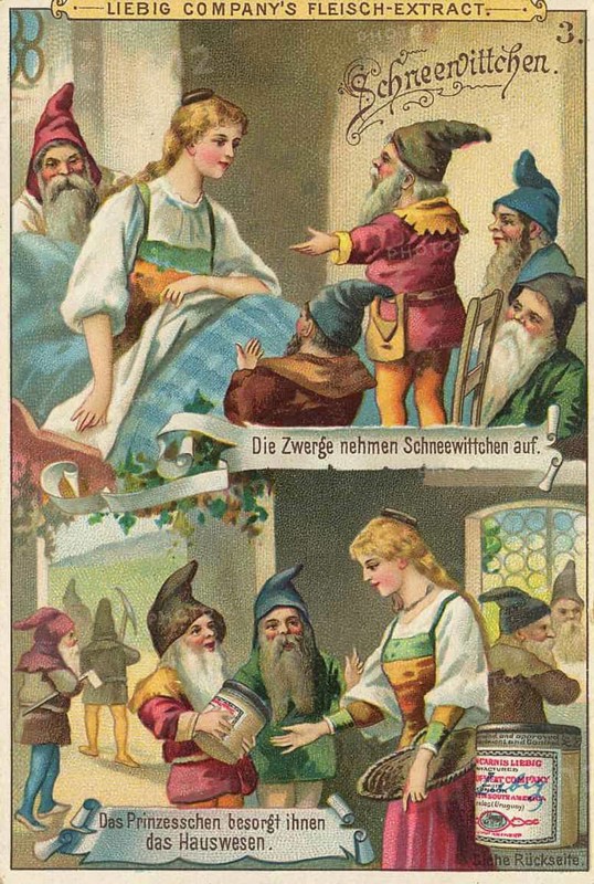 Picture series German fairy tales, Snow White, Liebig picture, digitally restored reproduction of a collector's picture from around 1900, public domain, exact date unknown, Snow White is kindly received and cared for by the dwarves