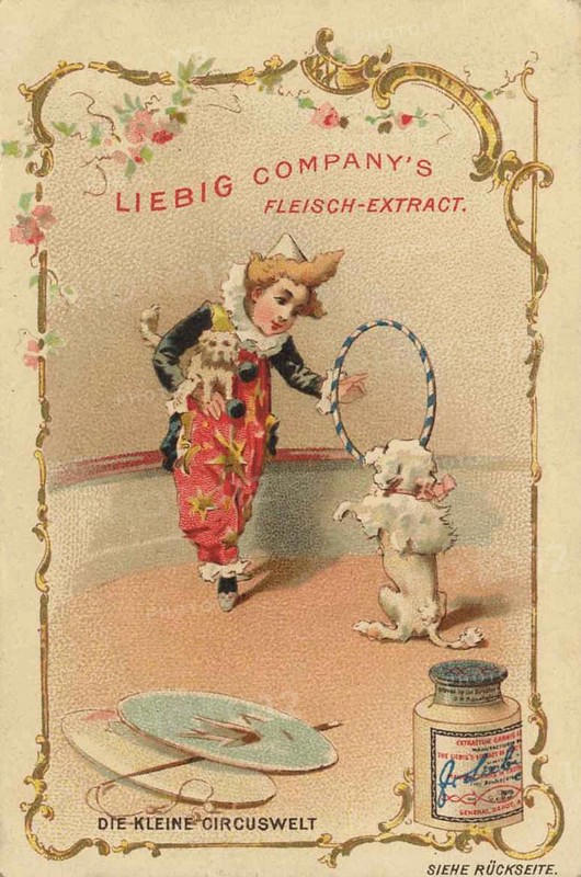 Picture series Kleine Die kleine Zirkuswelt, Liebig picture, digitally restored reproduction of a collector's picture from ca 1900, public domain, exact date unknown, A clown dresses for a dog dressage with hoops in a kitschy, nostalgic scene