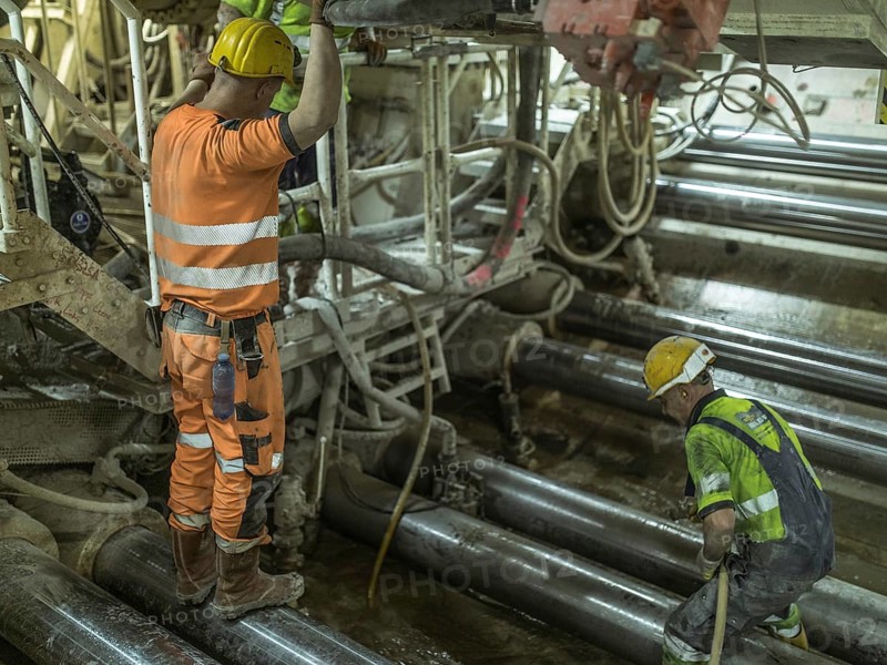 Workers on the Wilma double-shield tunnel boring machine, construction lot H53 in the Brenner Base Tunnel, Tyrol, Austria, Europe