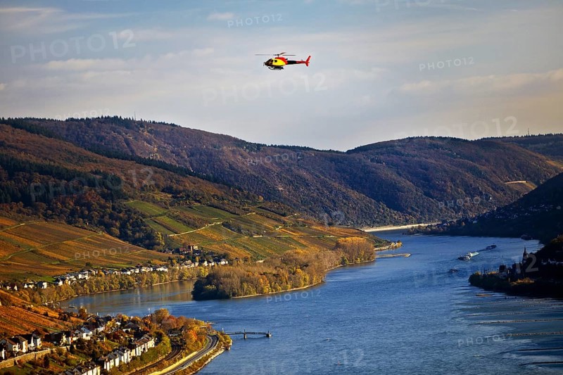 Elevated view of the Rhine from a helicopter over Lorch, Upper Middle Rhine Valley, Hesse, Germany, Europe
