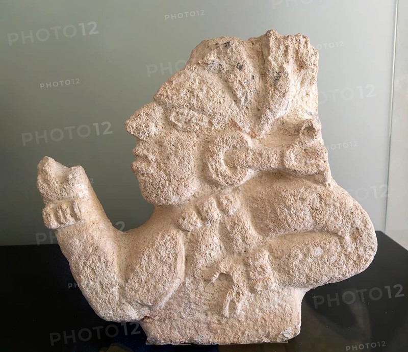 Observder of the Sky figure carved in stone, from Kutza, Late classic period, Mayan archaeological museum, Fort San Jose, Campeche, Mexico, Central America