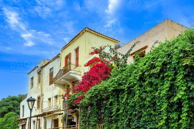 Greece travel destination, colorful streets of Crete island city Chania in historic city center