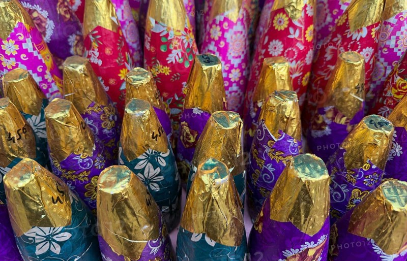 Various firecrackers displayed for sell at a market on the eve of Diwali, the Hindu festival of lights, in Guwahati, India on October 30, 2024. Diwali, also known as the Festival of Lights, is one of the most widely celebrated Hindu festivals, symbolizing the victory of light over darkness and good over evil