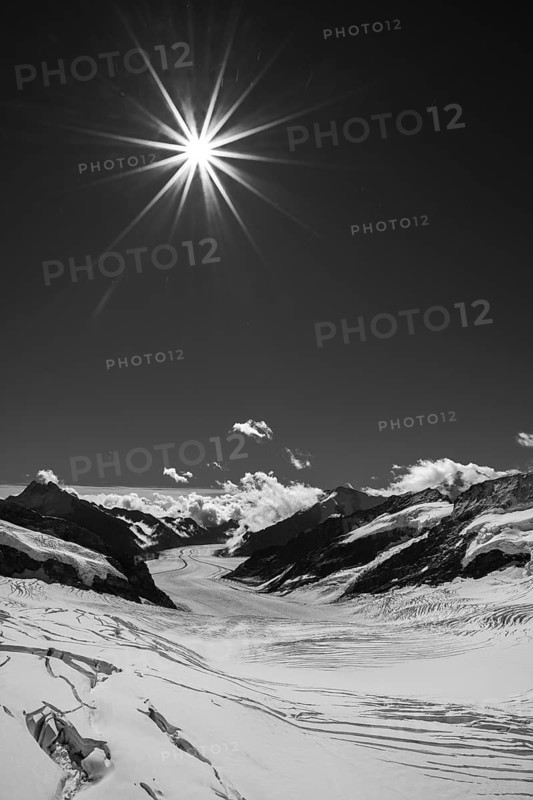 Snow mountains, the Swiss alps, Jungfrau Joch and glacier in black and white landscape. Grindelwald, Eiger, Switzerland, Europe