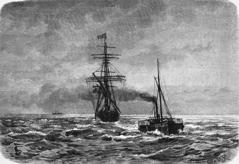 Tugboat in action on the North Sea, tall ship, steamship, strong wind, swell, spray, danger, Germany, historical illustration 1880, Europe