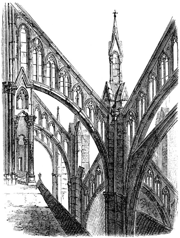 Large-scale buttresses of the Gothic cathedral of Amiens, Notre Dame d'Amiens, France, historical illustration 1880, Europe
