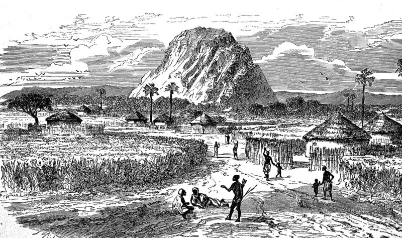 Africa, Marghi village on Lake Chad, Central Africa, in 1870, Historical, digital reproduction of an original from the 19th century