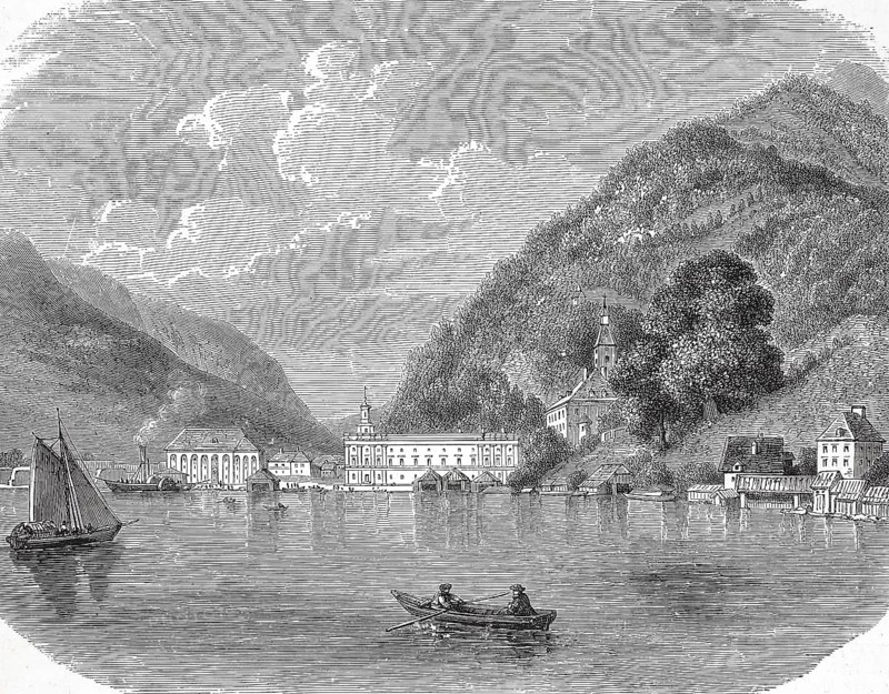 Historical, digitally restored reproduction from a 19th century original, Record date not stated, View of Ebensee am Lake Traun, around 1860, Upper Austria, Austria, Europe