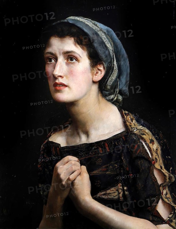 A woman wearing a headscarf holds her hands folded, looking upwards pensively, with a dark background framing her face and emphasising her expression. Cassandra, Cassandra, painting by John Maler Collier (28 January 1850, 11 April 1934), British writer and painter, Historical, digitally restored reproduction from a 19th century original, Record date not stated