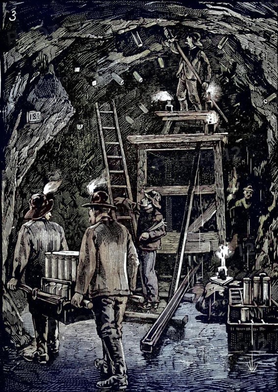 Workers position dynamite cartridges in underground tunnels in preparation for the blasting of Flood Rock, part of the Hell Gate Rocks complex that prevented large ships from reaching New York Harbour and posed a danger to smaller vessels. The explosive used was dynamite, Historic, digitally restored reproduction from a 19th century original, Record date not stated