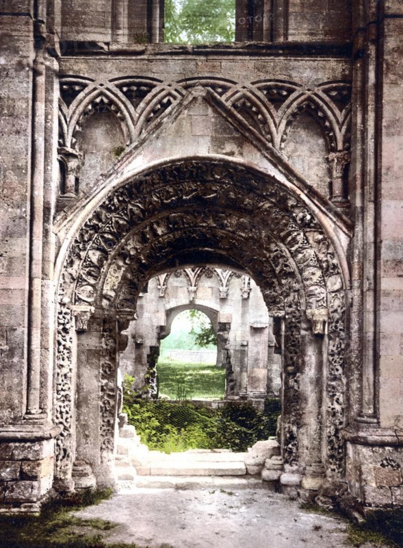 Portal of St Joseph's Chapel at the Glastonbury Abbey, former Benedictine abbey near Glastonbury in the county of Somerset, England, c. 1890, Historic, digitally restored reproduction from a 19th century original