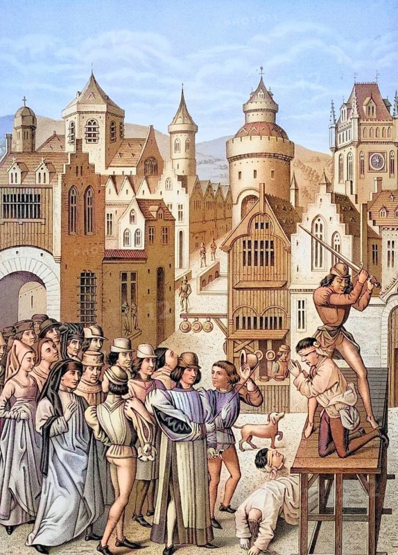 Beheading of Guillaume de Pommiers and his confessor in Bordeaux in 1377 by order of the royal lieutenant, Historical, digitally restored reproduction from a 19th century original, Record date not stated