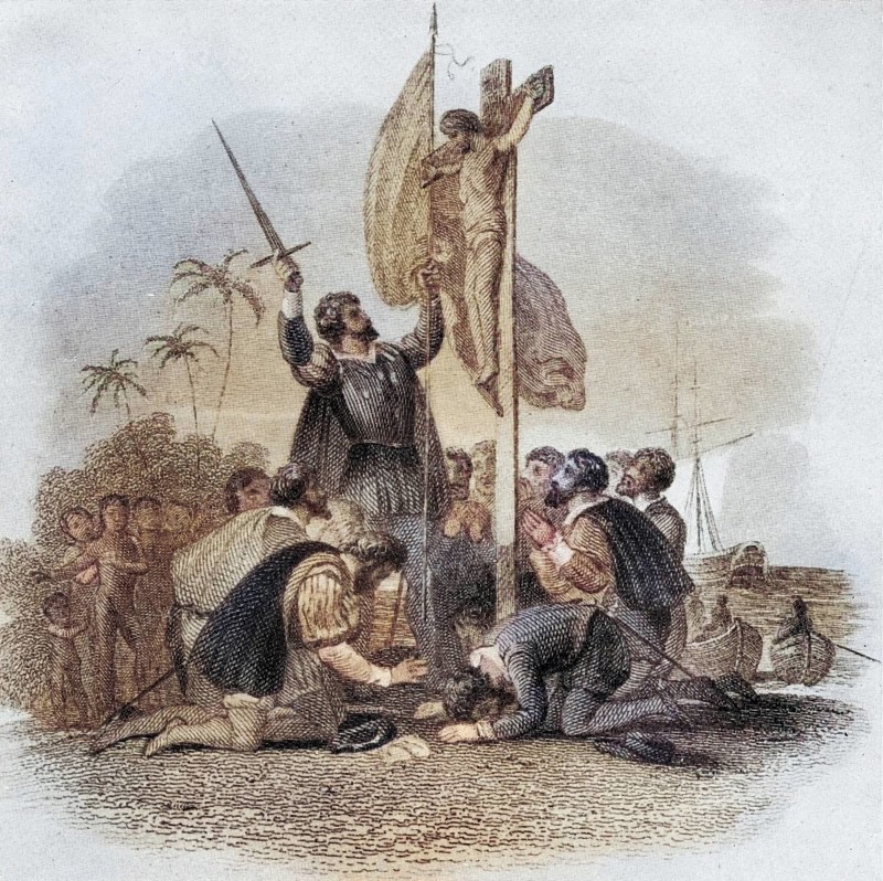 Columbus lands in the New World. Christopher Columbus, 1451-1506, Spanish explorer and discoverer of America, Historical, digitally restored reproduction from a 19th century original, Record date not stated