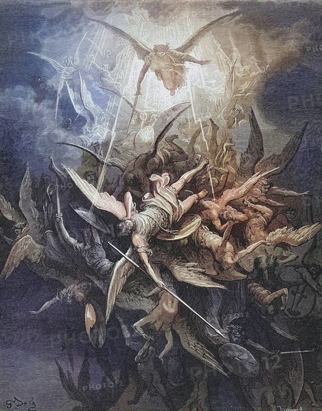 Illustration by Gustave Dore (1832-1883) for Paradise Lost, The Paradise Lost, published in 1667, is an epic poem in blank verse by the English poet John Milton, Inferno, Hell, Paradise, Angel, Damnation, Historical, digitally restored reproduction from a 19th century original, Record date not stated