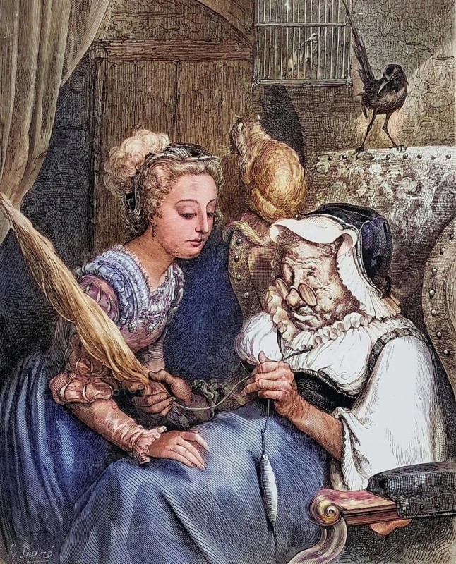Illustration by Gustave Dore (1832-1883) for Fairy World by Tom Hood with the princess from Sleeping Beauty in conversation with the old fairy Spite, Historic, digitally restored reproduction from a 19th century original, Record date not stated