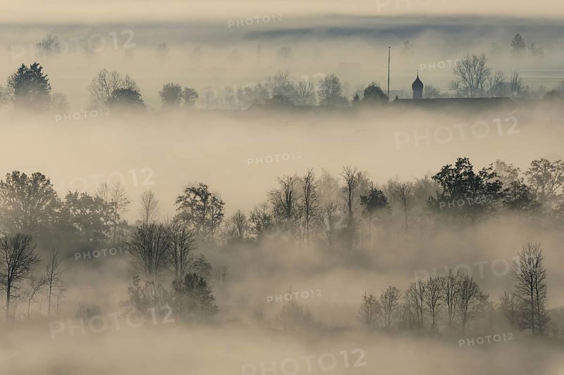 Foggy mood, fog, morning light, backlight, church tower, autumn, Loisach-Lake Kochel moor, view of Schlehdorf, Alpine foothills, Bavaria, Germany, Europe