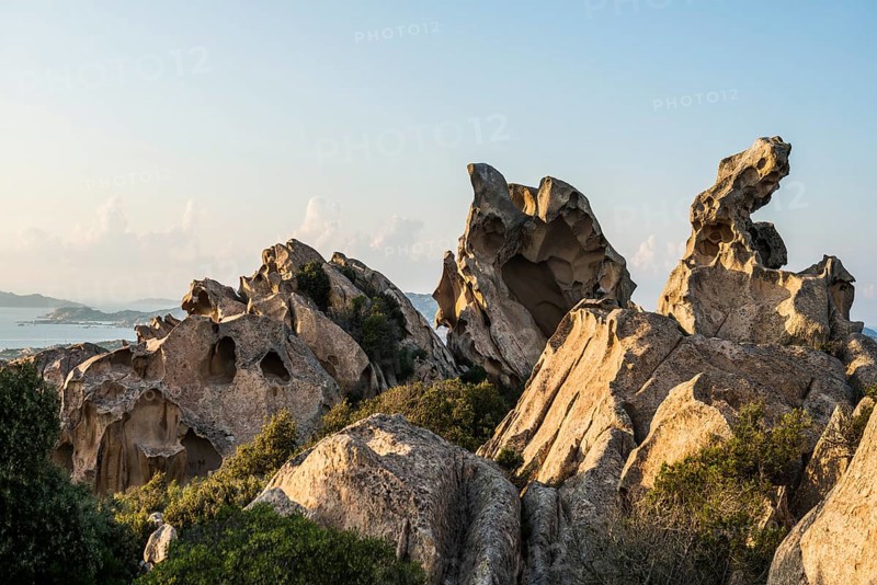 Bizarre granite rocks, Roccia dell Orso, sunset, Capo d'Orso, Palau, Costa Smeralda, Sardinia, Italy, Oceania